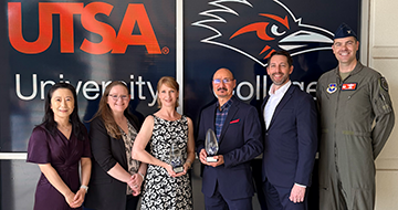 Pictured left to right: Jianwei Niu, Rebecca Schroeder, Katheryne Harrell, Agustin Llano, Brian Rendell and Col. Kevin Parsons
